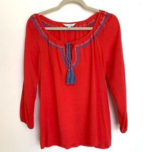 Charming Charlie Peasant Blouse, Orange w/Blue detail Size S